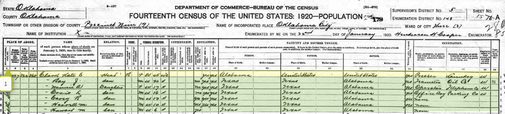 1920 US census record for Kate E Clark and family.