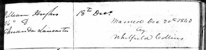 Image of the handwritten entry for the marriage of William Hughes and Amanda Lancaster.