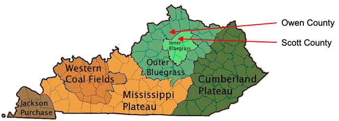 A map showing physiographic regions of Kentucky.