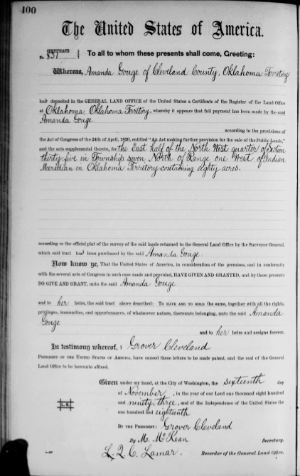 A digital image of an 1893 land certificate showing Amanda Gouge purchased 80 acres in Cleveland County, Oklahoma Territory.