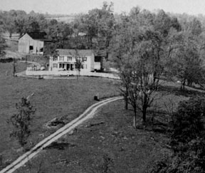 Photo of a house with trees and narrow road.